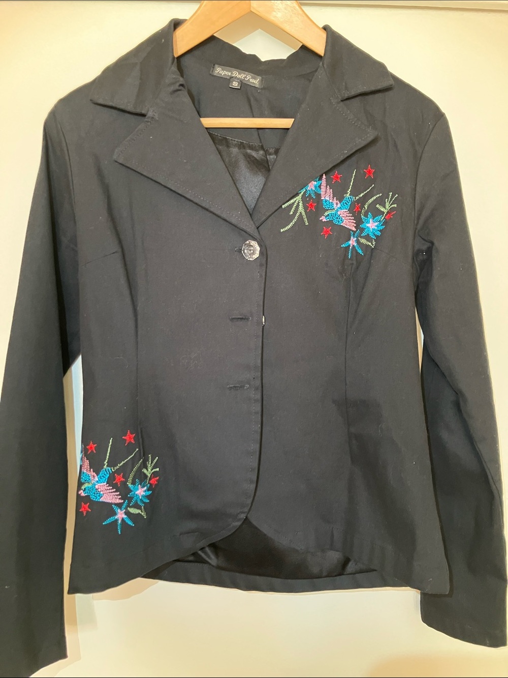 paper doll Black Embroidered Blazer with Floral & Star Accents
